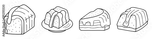 Line art illustration featuring various types of delicious looking sweet bread
