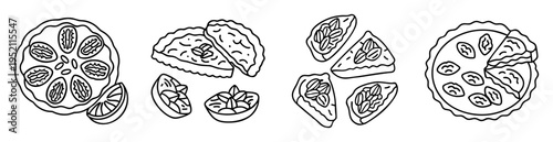 Outlined drawings of an assortment of various types of different fruity pies