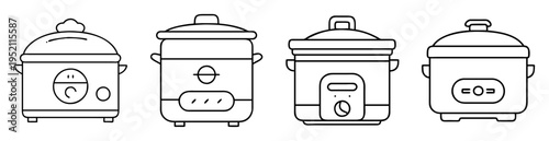 Line art illustration of four diverse cooking appliances, showing different designs