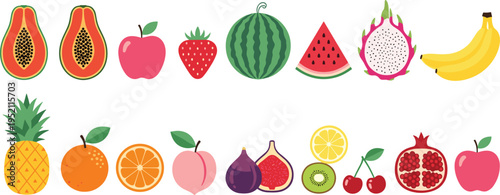 Colorful tropical fruits collection including papaya apple strawberry watermelon pineapple and citrus vector illustration set