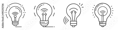 Four stylized light bulbs emitting wifi signals, representing smart technology