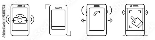 Black and white vector illustration of four smartphones gestures and user interface interactions