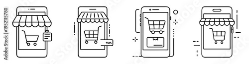 Four distinct variations of a minimalist line art style mobile shopping application