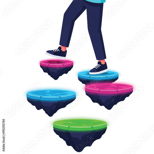 Person's legs stepping on glowing floating platforms, representing progress, gamification, or virtual reality.