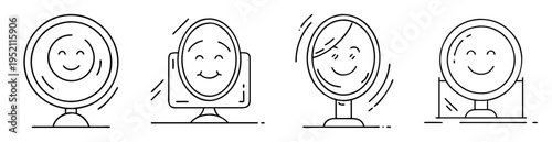 Four cartoon style illustrations of round and square mirrors with smiles