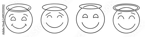 Four angel smiley faces with halos, in black and white graphic art