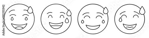 Four outline drawing of emojis with smiling faces and falling tears