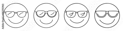 Four Smiling Faces with Different Styles of Sunglasses, Vector Illustration