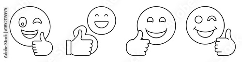 Outlined black and white positive emoji faces expressing happiness with thumbs up