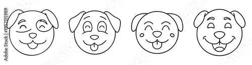 Line art illustration of four cartoon dog faces expressing different emotions