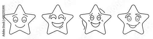 Four cute star cartoon characters with unique facial expressions in black outline