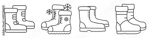 Illustration of different winter boots in line art style on white backdrop