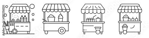 Four different food stalls in line art on white background showcasing variety
