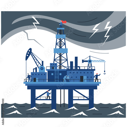 Offshore oil rig platform with workers and cranes.