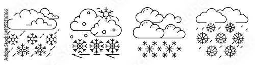Line art illustrations showing different weather conditions with clouds and snow