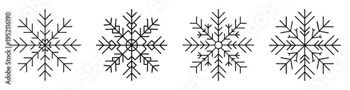 Four different snowflake designs with intricate branches and symmetrical patterns for winter decorations