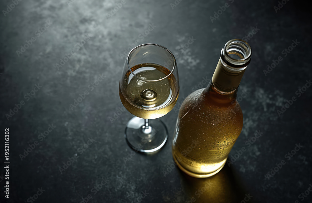 Fototapeta premium Cold white wine bottle and glass sit on dark slate surface. Refreshing drink ready for enjoyment. Perfect for celebrations or quiet evenings.