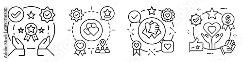 Line art icons illustrating quality, trust, support, and financial success