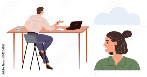 Remote work, communication, collaboration, technology, cloud computing, teamwork. A man at a desk working on a laptop while conversing and a woman listening nearby. Remote work and communication