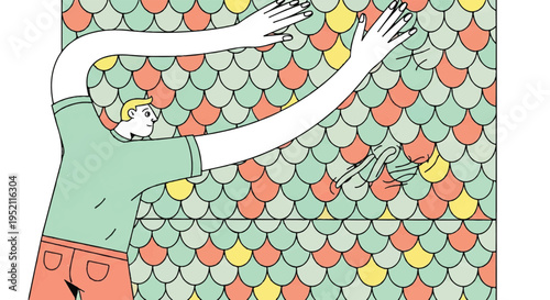 Man applying colorful fish scale patterned wallpaper to a wall, creative interior design concept