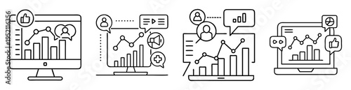 Collection of computer screens showing data analysis with graphs and charts
