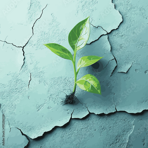 Young green sprout emerges from textured surface resilience, symbolizing hope, growth, new beginnings scientific environment, evoking optimism vitality  , vector style simple color
