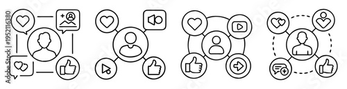 Social media icons and elements symbolizing engagement and connection in a graphic representation