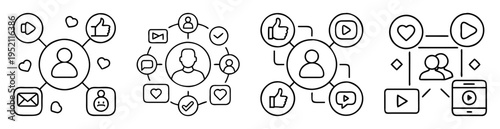 Social media engagement and networking represented by icons and outline graphics