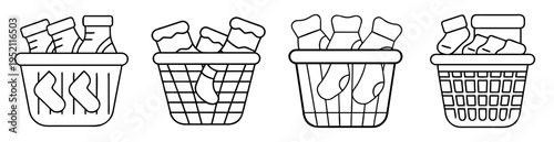 Four different laundry baskets full of socks, minimalist line art design