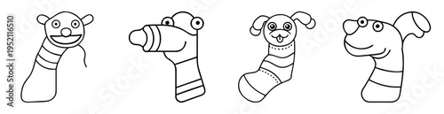 Line art image of four whimsical animal sock puppets in a row
