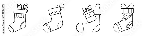Line art illustration of four Christmas stockings with ribbons and decorative details