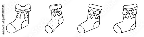 Four Christmas stockings with bows in simple black line drawing style
