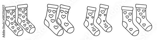 Outlined pairs of socks adorned with heart patterns and solid cuffs