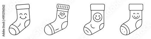 Line art illustration of Christmas stockings with smiley faces and patterns