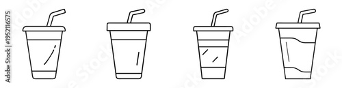 Black and white line art drawing of four different drink cups