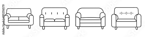 Four cartoon outline drawings of different sofas isolated on white background