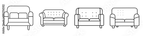 Line art illustration showcasing a collection of sofas with varying designs