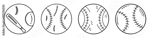 Black and white outline of four different baseballs and a baseball bat