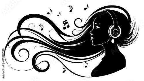 Silhouette of a beautiful woman profile with headphones and flowing hair made of musical notes and staff
