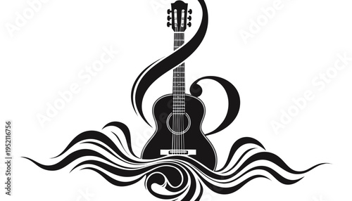 Abstract musical concept featuring a stylized classical guitar with elegant flowing lines and melody symbol