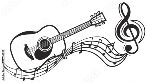 Abstract musical concept featuring a stylized classical guitar with elegant flowing lines and melody symbol