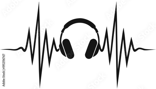 Music is life concept featuring headphones and pulse wave in continuous line style