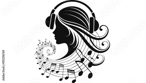 Silhouette of a beautiful woman profile with headphones and flowing hair made of musical notes and staff