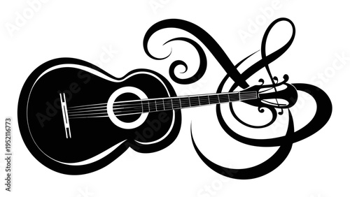 Abstract musical concept featuring a stylized classical guitar with elegant flowing lines and melody symbol