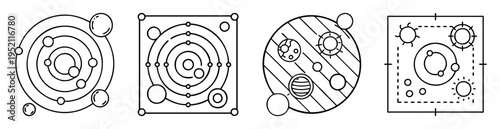 Abstract depiction of planetary systems with circles, lines, and geometric shapes