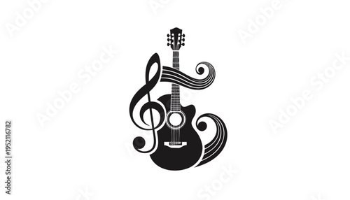 Abstract musical concept featuring a stylized classical guitar with elegant flowing lines and melody symbol
