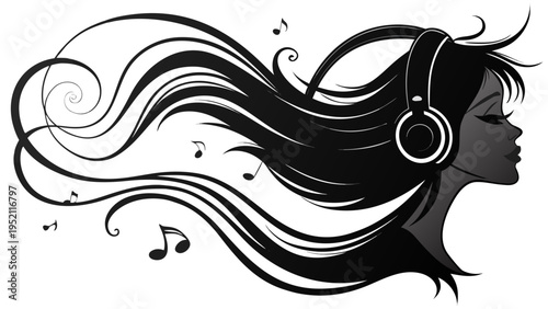 Silhouette of a beautiful woman profile with headphones and flowing hair made of musical notes and staff