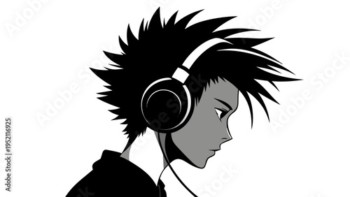 Black silhouette profile of a teenager boy listening to music with headphones isolated on white background