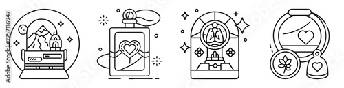 Four creative line art icons each in a unique circular geometric style