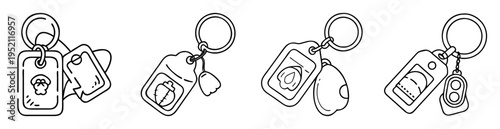 Line art illustration of four unique keychains with tags and keyrings